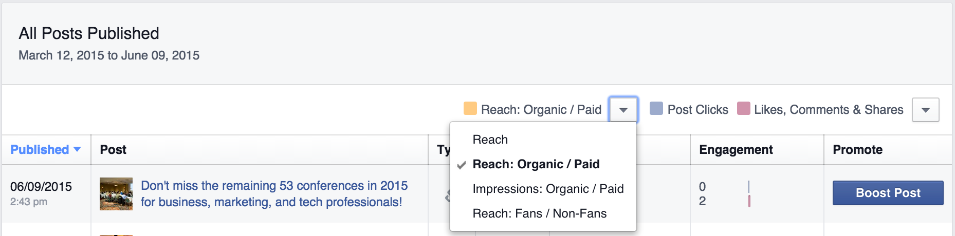 facebook metrics organic paid reach screenshot